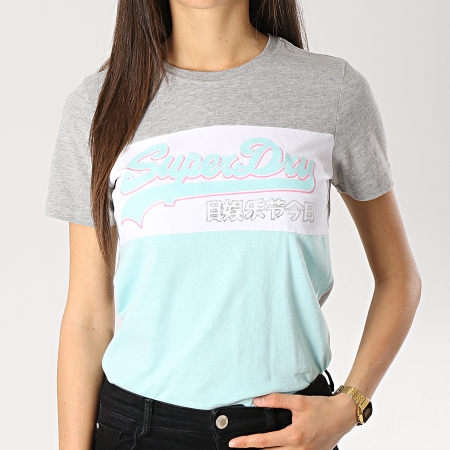 Superdry - Tee Shirt Femme Vintage Logo G10155YT Gris Chiné Blanc Bleu Clair