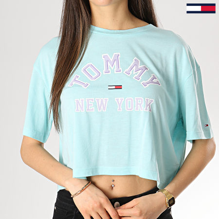Tommy Hilfiger - Tee Shirt Crop Femme Collegiate 6275 Bleu Turquoise