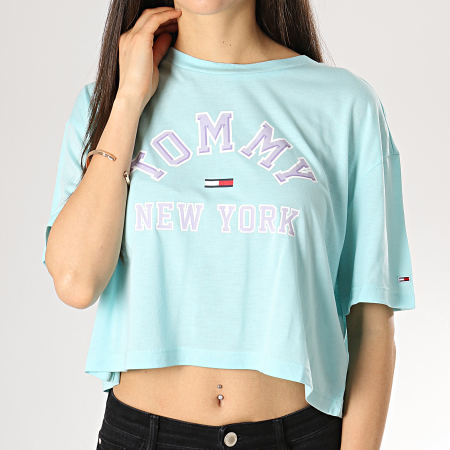 Tommy Hilfiger - Tee Shirt Crop Femme Collegiate 6275 Bleu Turquoise