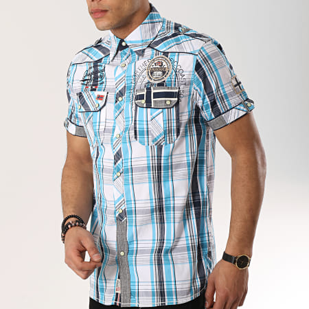 Geographical Norway - Chemise Manches Courtes Patchs Brodés Ootopia Blanc Bleu Clair