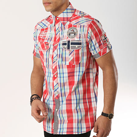 Geographical Norway - Chemise Manches Courtes Patchs Brodés Ootopia Rouge Vert Bleu Clair