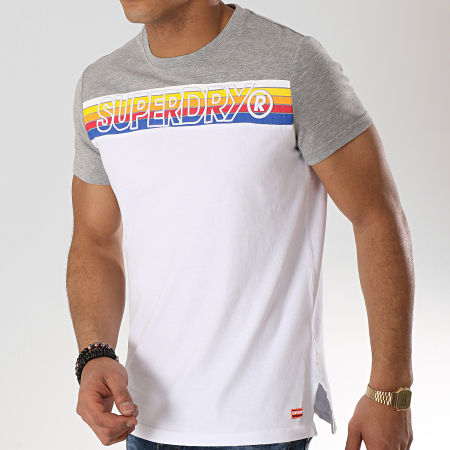 Superdry - Tee Shirt Cali Stripe Embroidery M10104TT Blanc Gris Chiné