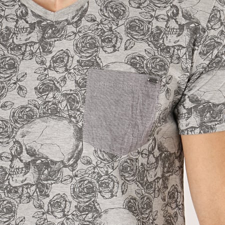 MZ72 - Tee Shirt Poche Trace Gris Chiné Floral