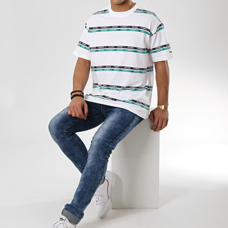 Tommy Hilfiger - Tee Shirt Signature Stripe Logo 6087 Blanc Vert 