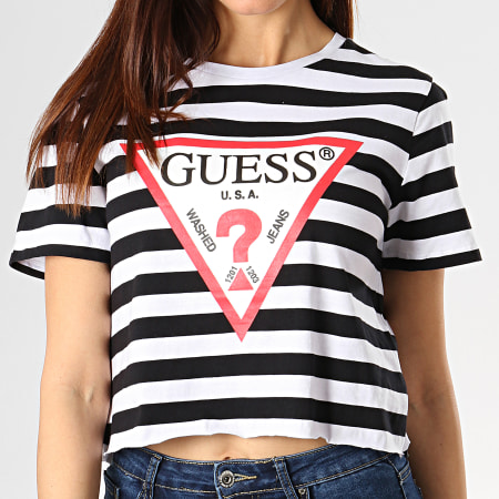 Guess - Tee Shirt Crop Femme O84I11-I3Z07 Noir Blanc 