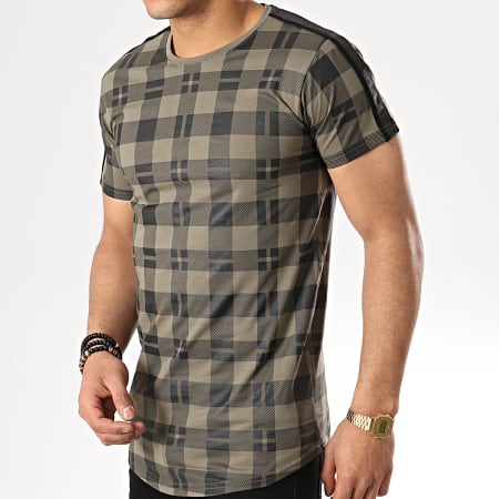 Gov Denim - Tee Shirt Oversize A Carreaux Avec Bandes G18005 Vert Kaki Noir