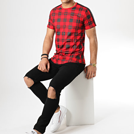 Gov Denim - Tee Shirt Oversize A Carreaux Avec Bandes G18005 Rouge Noir