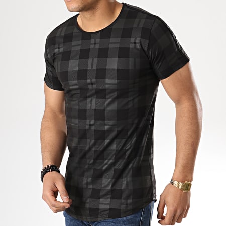 Gov Denim - Tee Shirt Oversize A Carreaux Avec Bandes G18005 Gris Noir