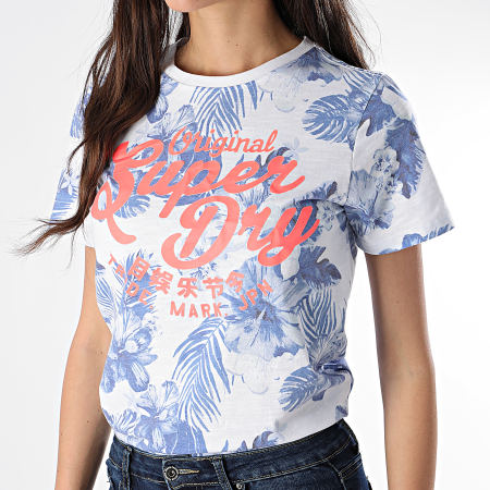Superdry - Tee Shirt Femme New Original Hibiscus G10147YT Blanc Floral Bleu Clair