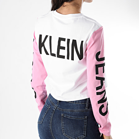 Calvin Klein - Tee Shirt Crop Manches Longues Femme Back Logo 0796 Blanc Rose