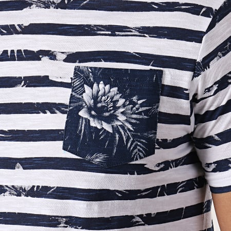 Paname Brothers - Tee Shirt Poche Turn Blanc Bleu Marine Floral