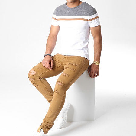 LBO - Tee Shirt Tricolore 727 Anthracite Blanc Camel
