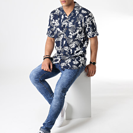 Only And Sons - Chemise Manches Courtes Floral Larry Bleu Marine 