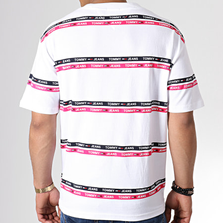 Tommy Jeans - Tee Shirt Signature Stripe Logo 7573 Blanc Rose Noir