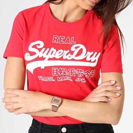 Superdry - Tee Shirt Femme Vintage Logo Code Shimmer Entry G10316TU Rouge Blanc