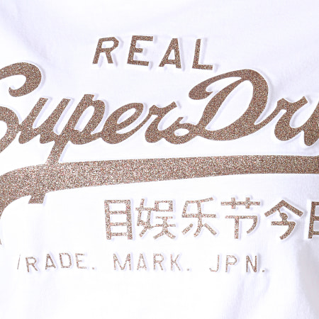 Superdry - Tee Shirt Femme Vintage Logo Glitter Emboss Entry G10320AU Blanc Doré
