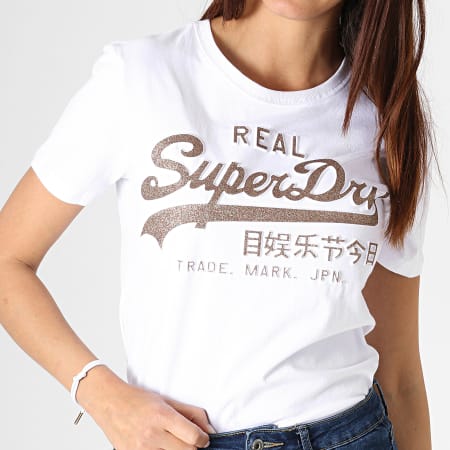 Superdry - Tee Shirt Femme Vintage Logo Glitter Emboss Entry G10320AU Blanc Doré