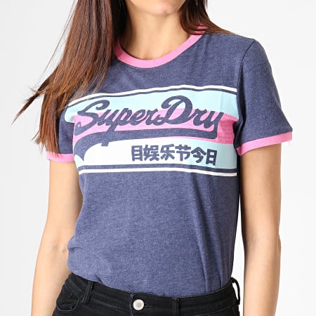 Superdry - Tee Shirt Femme Vintage Logo Ringer Infill Entry G10326AU Bleu Chiné Rose Bleu Clair