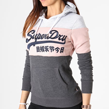 Superdry - Sweat Capuche Femme Vintage Logo High Build Gris Chiné Rose Pale Gris Anthracite