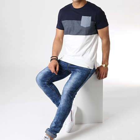 Indicode Jeans - Tee Shirt Avec Poche Clemens Blanc Bleu Marine