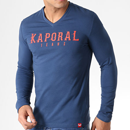 Kaporal - Tee Shirt Manches Longues Col V Pizake Bleu Marine Rouge