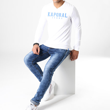 Kaporal - Tee Shirt Manches Longues Col V Pizake Blanc  Bleu Roi