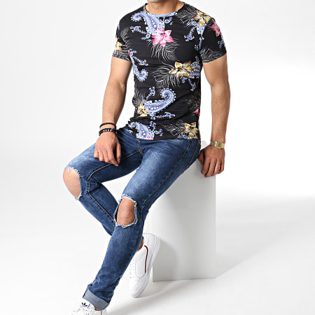 John H - Tee Shirt Oversize Floral Bandana IT-026 Noir