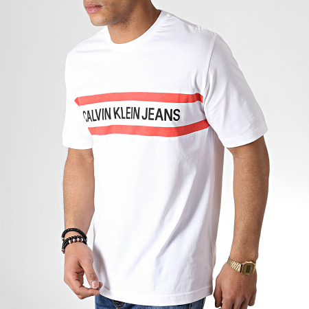Calvin Klein - Tee Shirt Chest Stripe Institutional 2592 Blanc Corail Noir