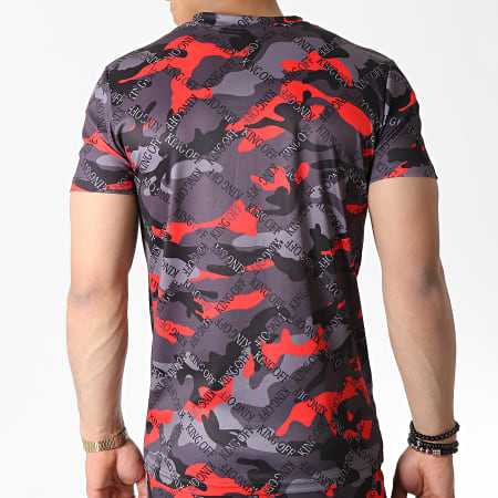 John H - Ensemble Tee Shirt Et Short TP801 Camouflage Noir Gris Rouge