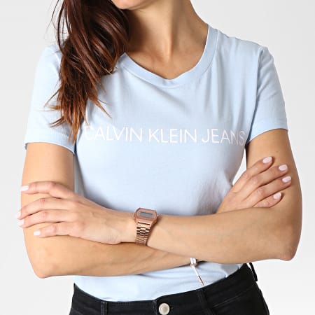 Calvin Klein - Tee Shirt Femme Institutional Logo 7940 Bleu Clair Blanc