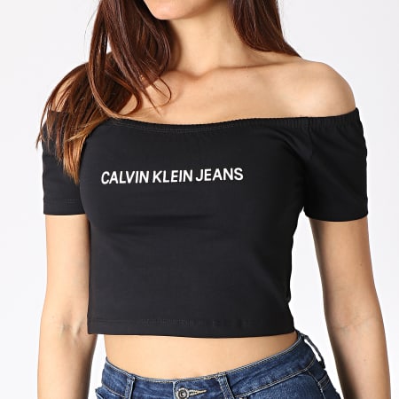 Calvin Klein - Top Femme Crop Col Bateau Institutional Logo 1494 Noir Blanc