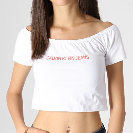 Calvin Klein - Top Femme Crop Col Bateau Institutional Logo 1494 Blanc Orange