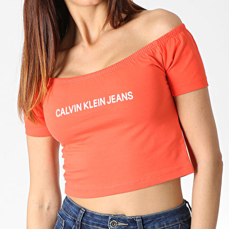 Calvin Klein - Top Femme Crop Col Bateau Institutional Logo 1494 Corail Blanc