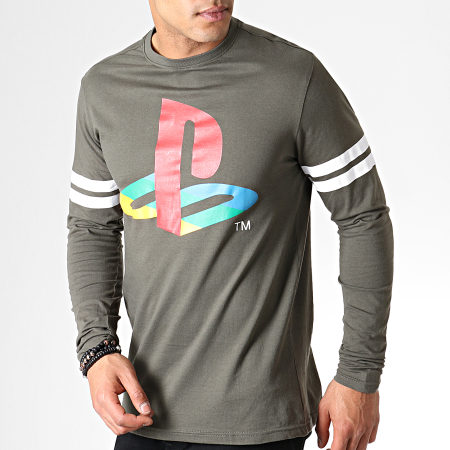 Playstation - Tee Shirt Manches Longues Logo Striped Army Vert Kaki