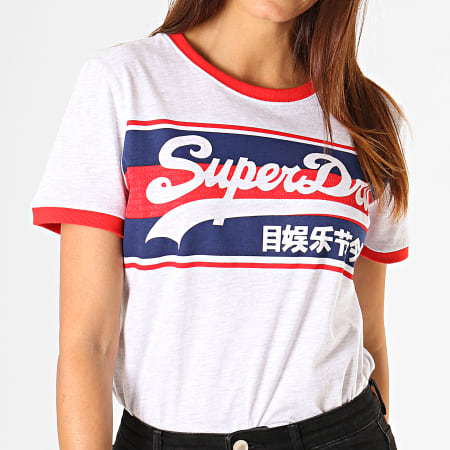 Superdry - Tee Shirt Femme Vintage Logo Ringer Infill Entry G10326AU Gris Chiné Rouge Bleu Marine