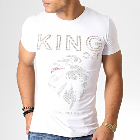 King Off - Tee Shirt Strass A063 Blanc Doré Argenté