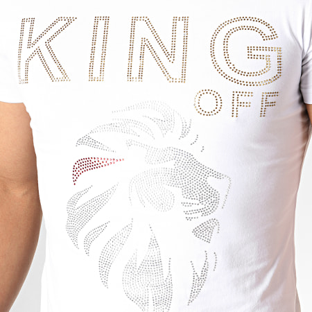 King Off - Tee Shirt Strass A063 Blanc Doré Argenté