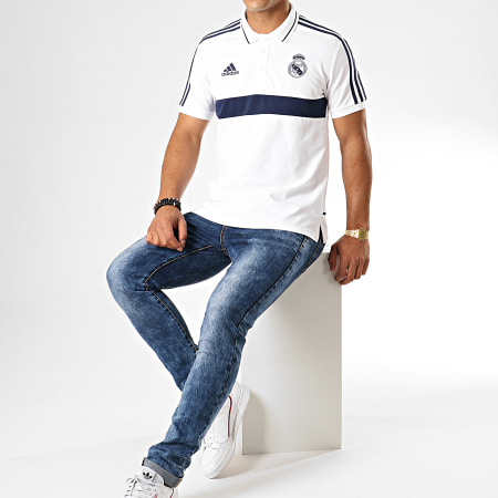 Adidas Sportswear - Polo Manches Courtes A Bandes Real DX8707 Blanc Bleu Marine