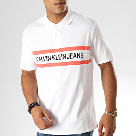 Calvin Klein - Polo Manches Courtes Chest Stripe Institutional 2540 Blanc Corail Noir