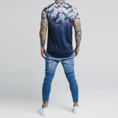 SikSilk - Tee Shirt Oversize A Bandes Jeremy Vine Taped 13975 Bleu Marine Floral Dégradé