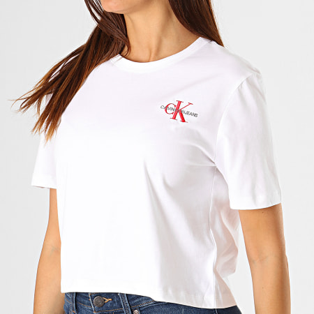 Calvin Klein - Tee Shirt Femme Crop Monogram Embroidery 1592 Blanc Rouge