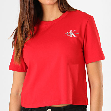 Calvin Klein - Tee Shirt Femme Crop Monogram Embroidery 1592 Rouge Blanc