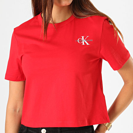 Calvin Klein - Tee Shirt Femme Crop Monogram Embroidery 1592 Rouge Blanc