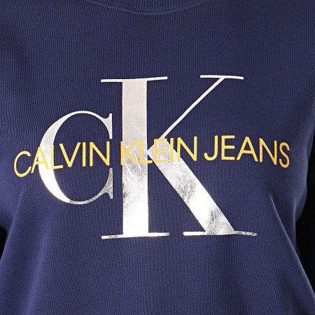 Calvin Klein - Sweat Crewneck Femme Crop Silver Monogram Boyfriend 1803 Bleu Marine Argenté Orange