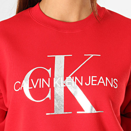 Calvin Klein - Sweat Crewneck Femme Crop Silver Monogram Boyfriend 1803 Rouge Argenté Blanc