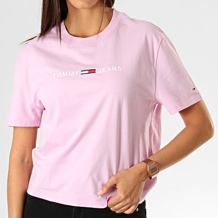 Tommy Jeans - Tee Shirt Femme Clean Linear Logo 7429 Rose Lila Blanc