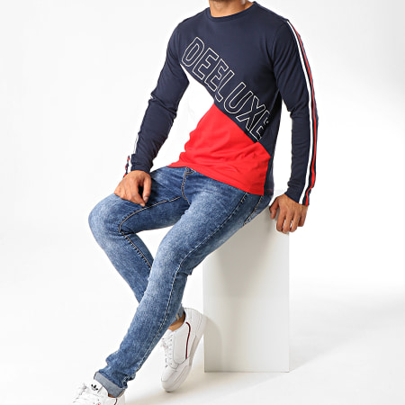 Deeluxe - Tee Shirt Manches Longues A Bandes Colorblock Bros Bleu Marine Blanc Rouge 