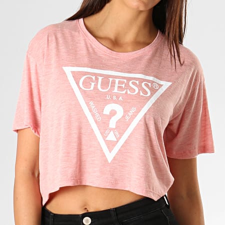 Guess - Tee Shirt Crop Femme O94A12-JR050 Rose Chiné Blanc