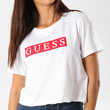 Guess - Tee Shirt Crop Femme O94A22-JR05U Blanc Rouge
