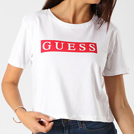 Guess - Tee Shirt Crop Femme O94A22-JR05U Blanc Rouge